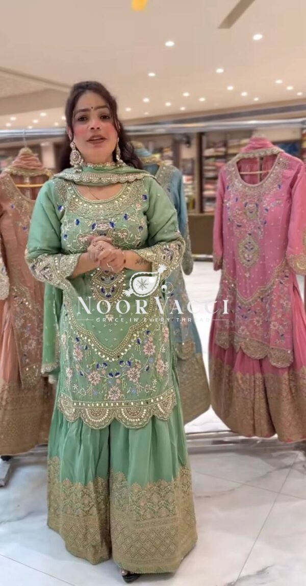 Buy Natural Crepe Embroidered Top with Sharara Palazzo & Dupatta Set - Image 2