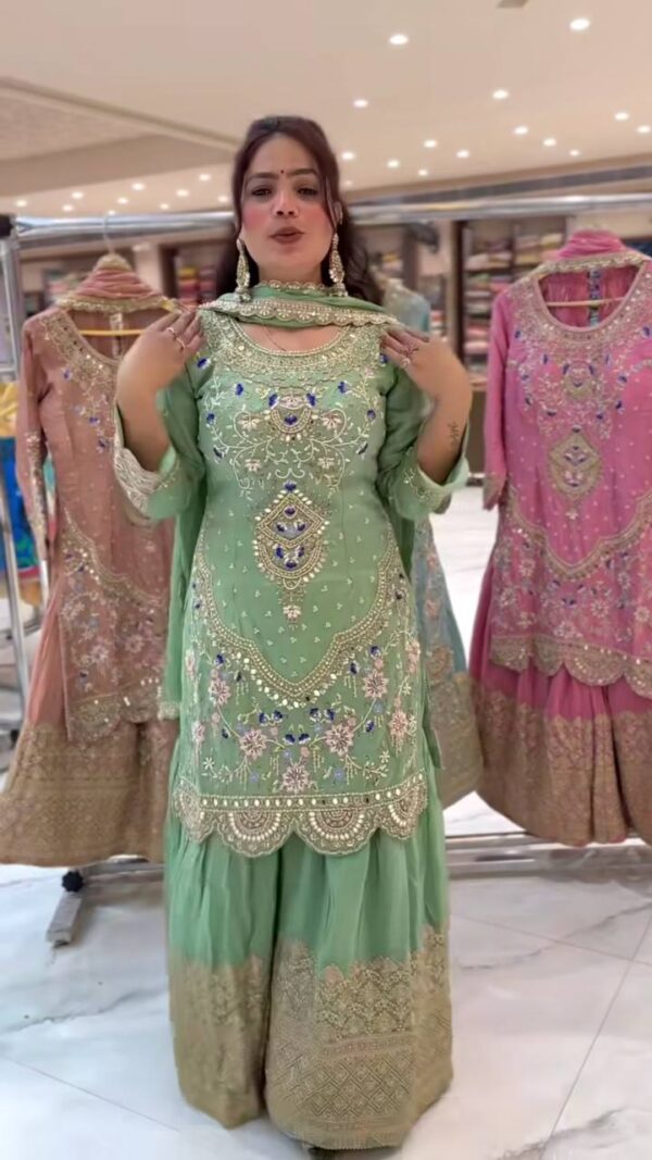 Buy Natural Crepe Embroidered Top with Sharara Palazzo & Dupatta Set - Image 3