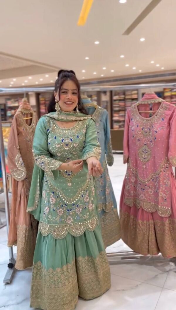 Buy Natural Crepe Embroidered Top with Sharara Palazzo & Dupatta Set - Image 4