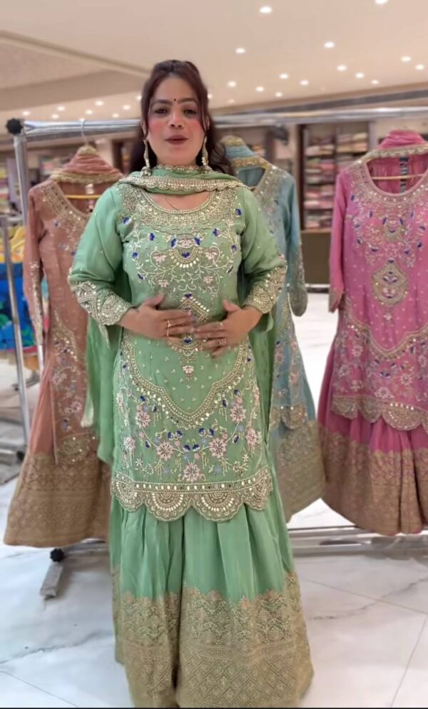 Buy Natural Crepe Embroidered Top with Sharara Palazzo & Dupatta Set - Image 5