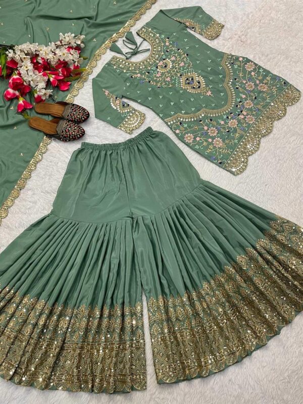 Buy Natural Crepe Embroidered Top with Sharara Palazzo & Dupatta Set - Image 8