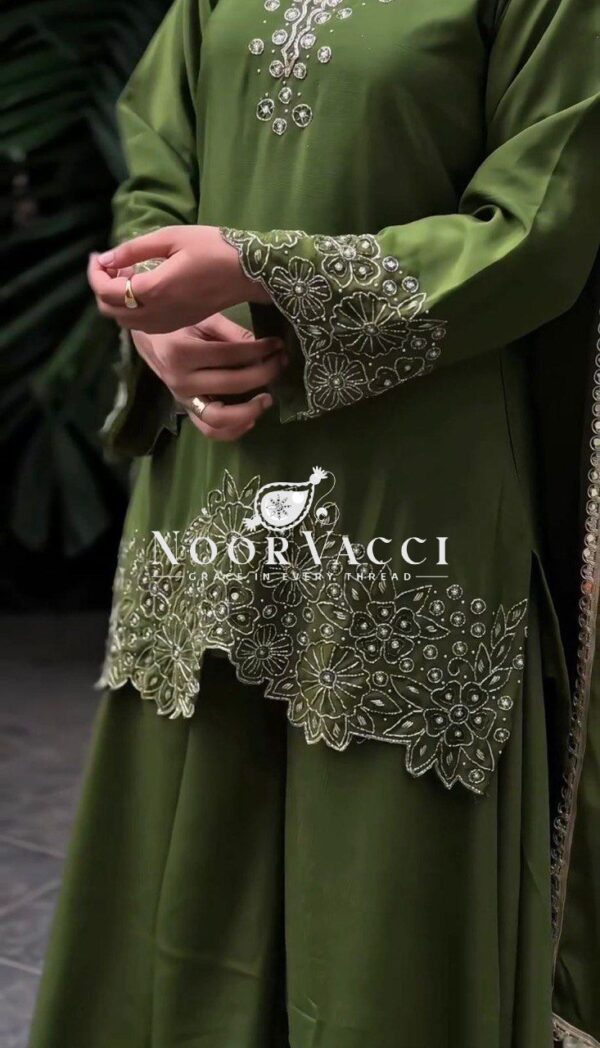 Buy Chinon Silk Embroidered Top with Plazo and Dupatta Set - Image 6