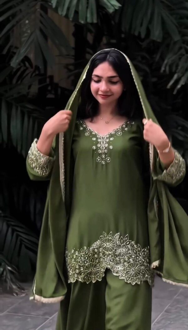 Buy Chinon Silk Embroidered Top with Plazo and Dupatta Set - Image 2