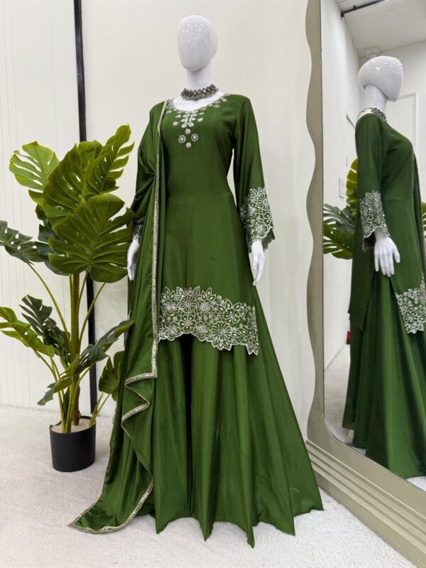 Buy Chinon Silk Embroidered Top with Plazo and Dupatta Set