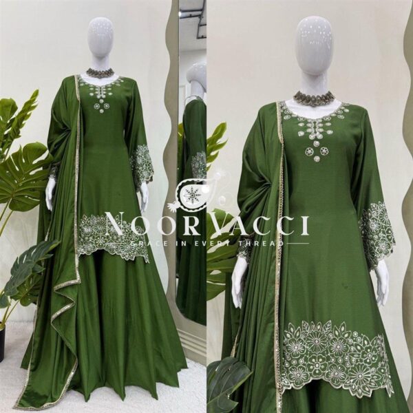 Buy Chinon Silk Embroidered Top with Plazo and Dupatta Set - Image 3
