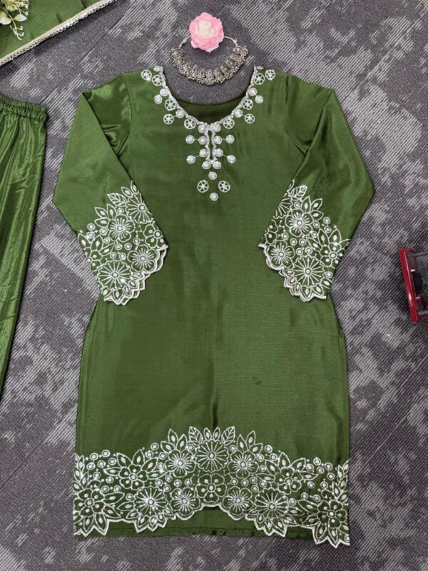 Buy Chinon Silk Embroidered Top with Plazo and Dupatta Set - Image 7