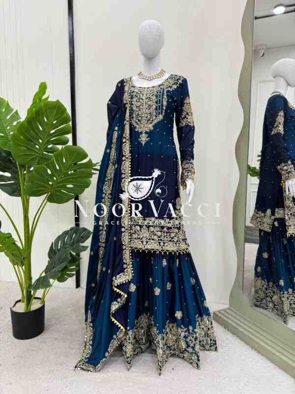 Heavy Chinon Embroidered Sharara Suit Set with Dupatta