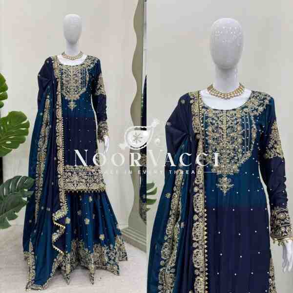 Heavy Chinon Embroidered Sharara Suit Set with Dupatta - Image 2
