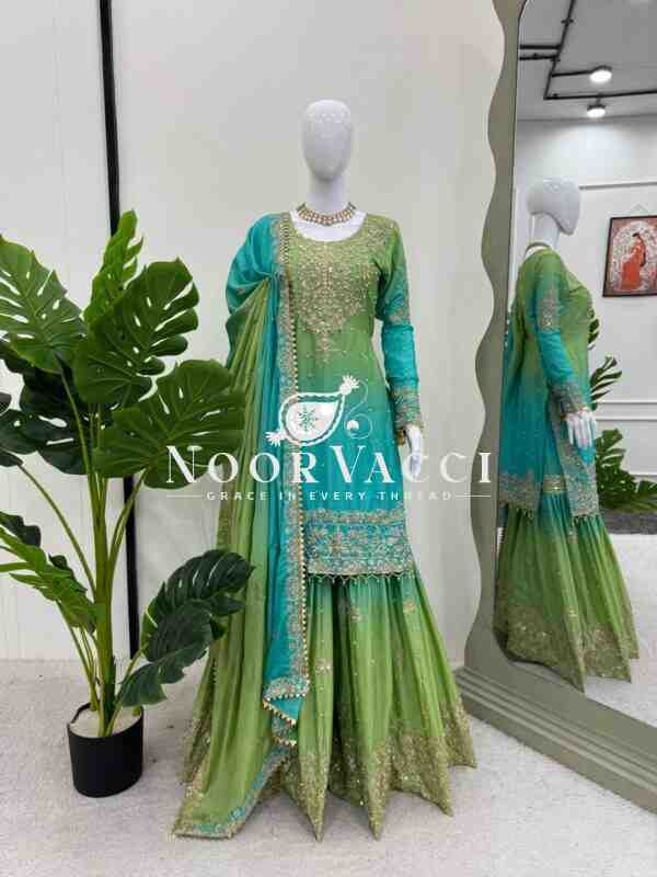 Heavy Chinon Embroidered Sharara Suit Set with Dupatta