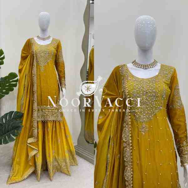 Heavy Chinon Embroidered Sharara Suit Set with Dupatta - Image 3