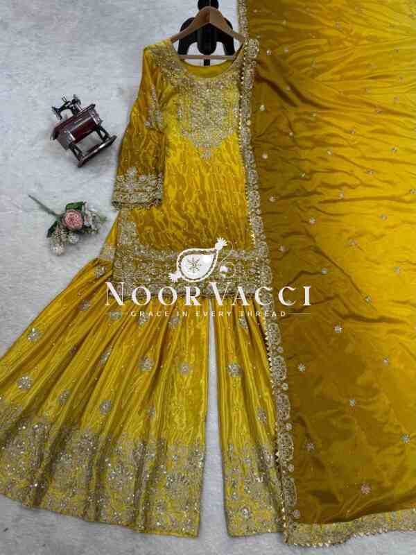Heavy Chinon Embroidered Sharara Suit Set with Dupatta - Image 6