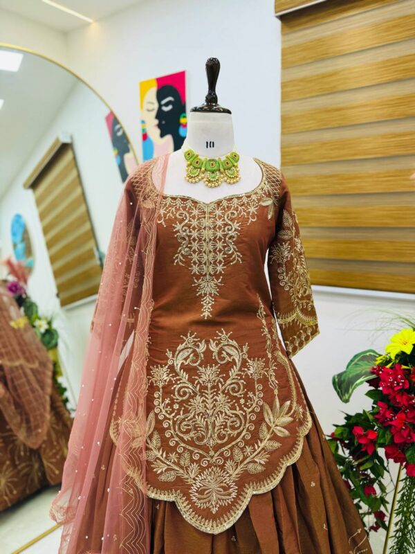 Buy Simmer Silk Embroidered Top with Lehenga & Dupatta Set - Image 4