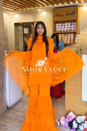 Shop Fox Georgette Embroidered Top with Ruffle Palazzo & Dupatta Set