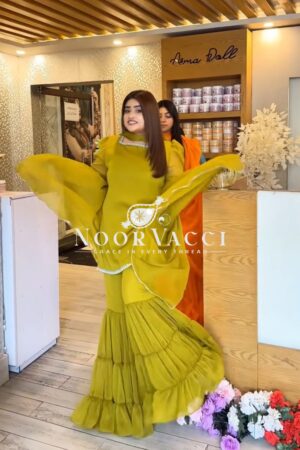 Buy Fox Georgette Embroidered Top with Ruffle Palazzo & Dupatta Set