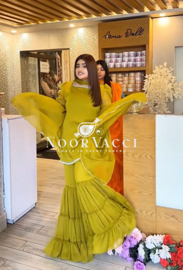 Buy Fox Georgette Embroidered Top with Ruffle Palazzo & Dupatta Set
