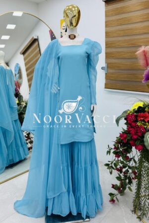 Buy Fox Georgette Embroidered Top with Ruffle Palazzo & Dupatta Set