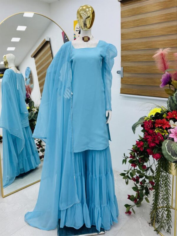 Buy Fox Georgette Embroidered Top with Ruffle Palazzo & Dupatta Set