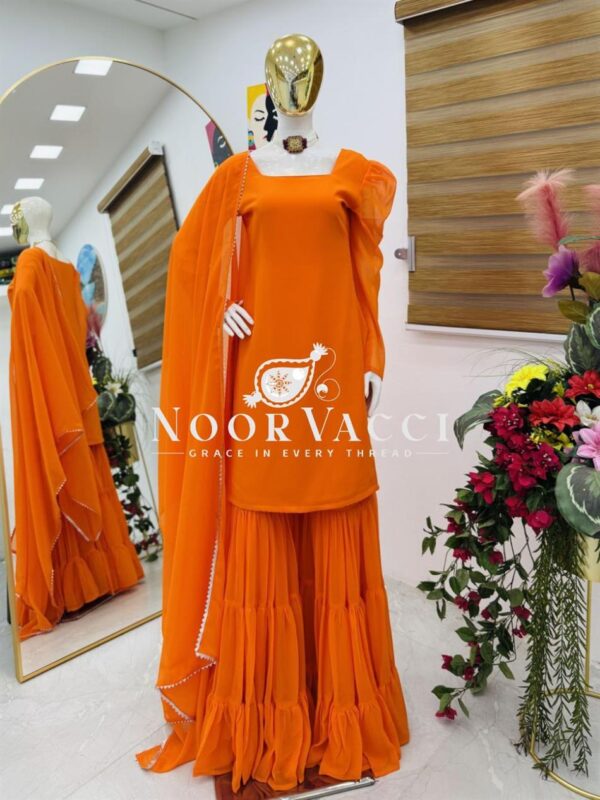 Shop Fox Georgette Embroidered Top with Ruffle Palazzo & Dupatta Set - Image 3
