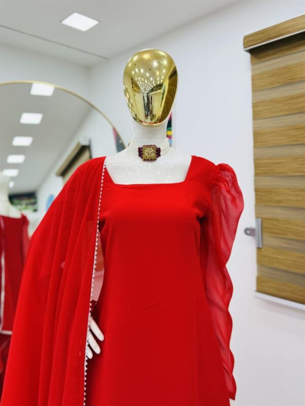 Buy Fox Georgette Embroidered Top with Ruffle Palazzo & Dupatta Set - Image 3