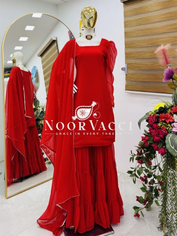 Buy Fox Georgette Embroidered Top with Ruffle Palazzo & Dupatta Set - Image 2