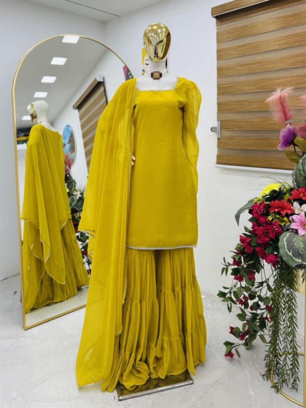 Buy Fox Georgette Embroidered Top with Ruffle Palazzo & Dupatta Set - Image 2