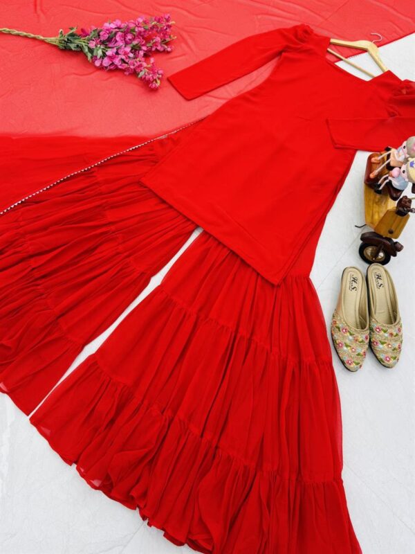 Buy Fox Georgette Embroidered Top with Ruffle Palazzo & Dupatta Set - Image 4