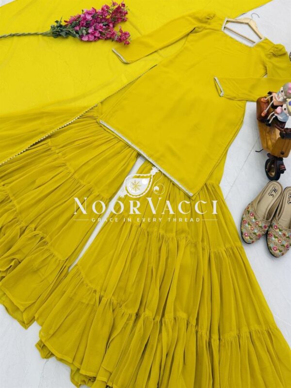 Buy Fox Georgette Embroidered Top with Ruffle Palazzo & Dupatta Set - Image 5