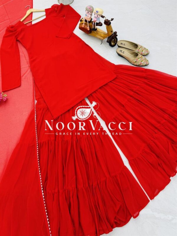 Buy Fox Georgette Embroidered Top with Ruffle Palazzo & Dupatta Set - Image 5