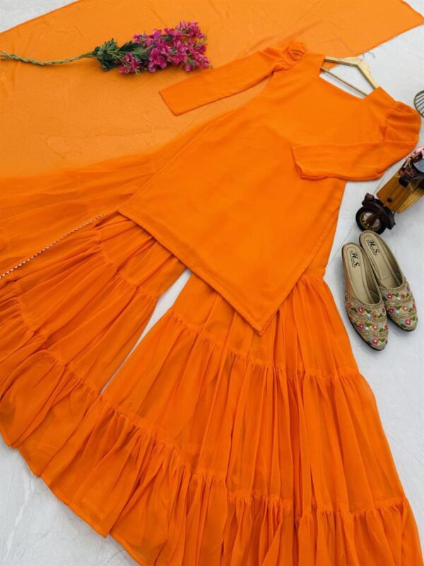 Shop Fox Georgette Embroidered Top with Ruffle Palazzo & Dupatta Set - Image 5