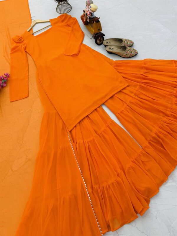 Shop Fox Georgette Embroidered Top with Ruffle Palazzo & Dupatta Set - Image 6