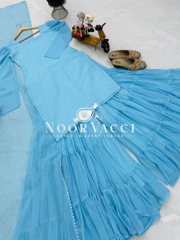 Buy Fox Georgette Embroidered Top with Ruffle Palazzo & Dupatta Set - Image 4