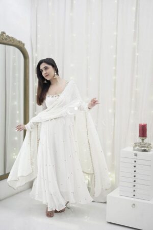 Shop Designer Faux Georgette Anarkali with Crepe Pant & Dupatta
