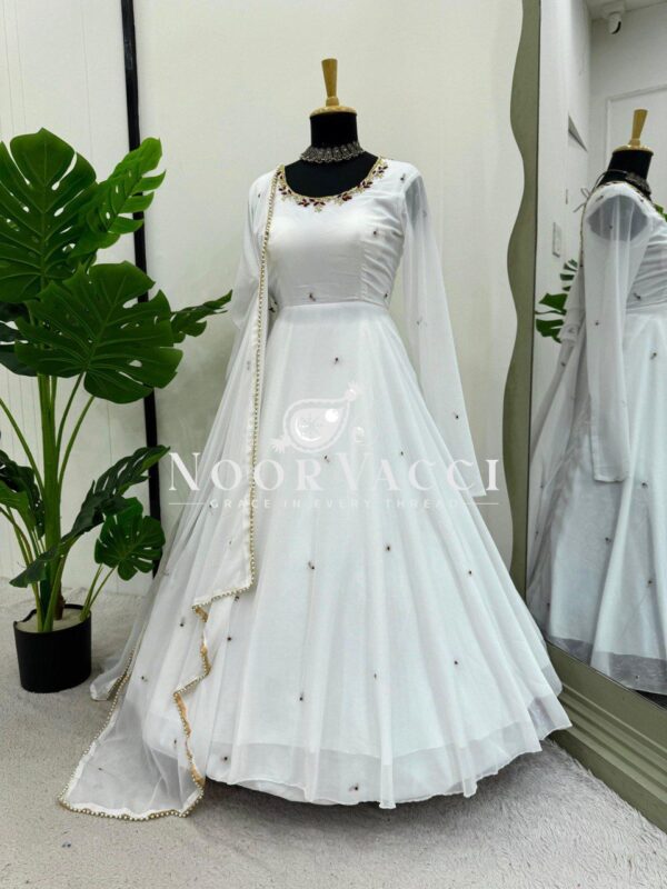 Shop Designer Faux Georgette Anarkali with Crepe Pant & Dupatta - Image 5