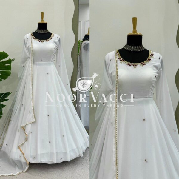 Shop Designer Faux Georgette Anarkali with Crepe Pant & Dupatta - Image 6