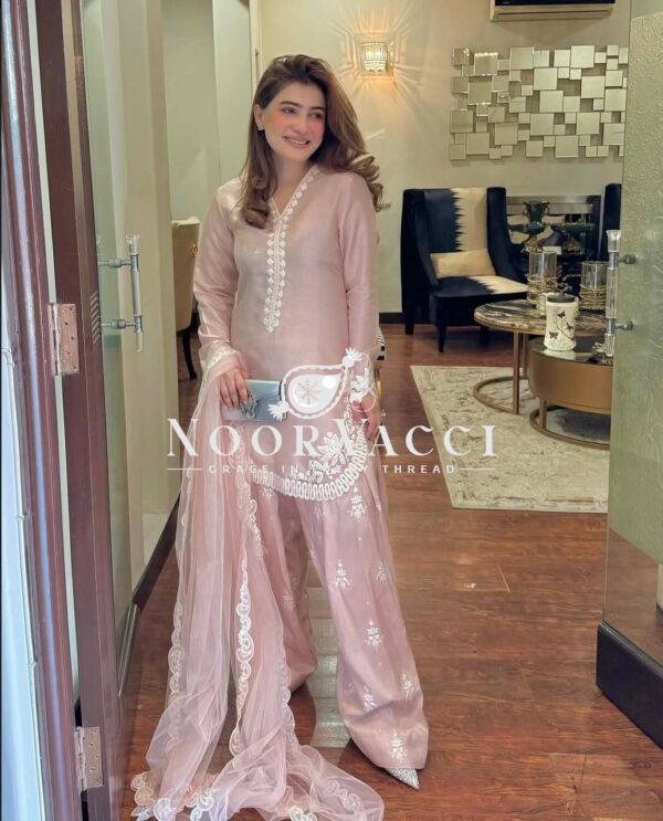 Buy Natural Crepe Silk Embroidered Top with Farshi Pant & Dupatta Set - Image 5