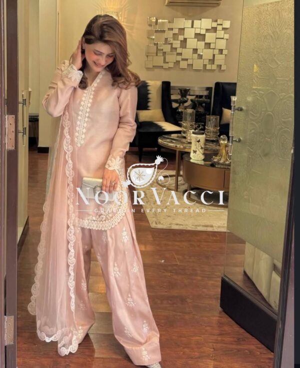 Buy Natural Crepe Silk Embroidered Top with Farshi Pant & Dupatta Set - Image 3