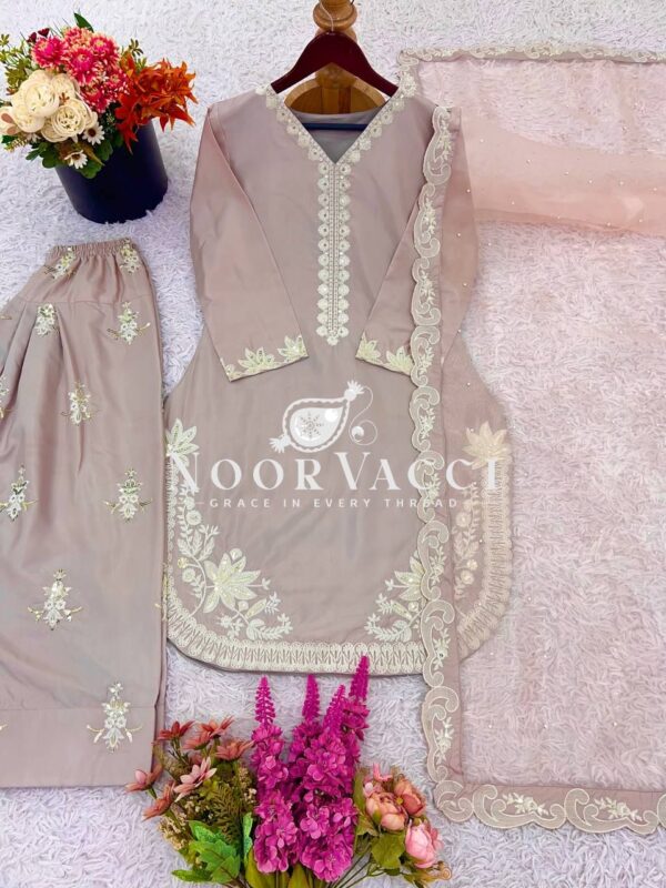 Buy Natural Crepe Silk Embroidered Top with Farshi Pant & Dupatta Set - Image 9