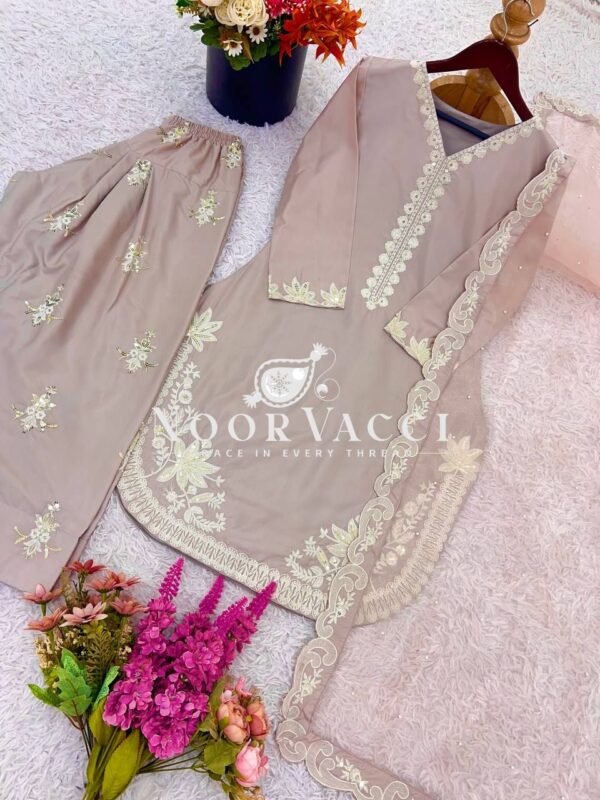 Buy Natural Crepe Silk Embroidered Top with Farshi Pant & Dupatta Set - Image 6
