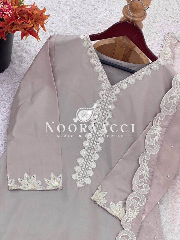 Buy Natural Crepe Silk Embroidered Top with Farshi Pant & Dupatta Set - Image 8