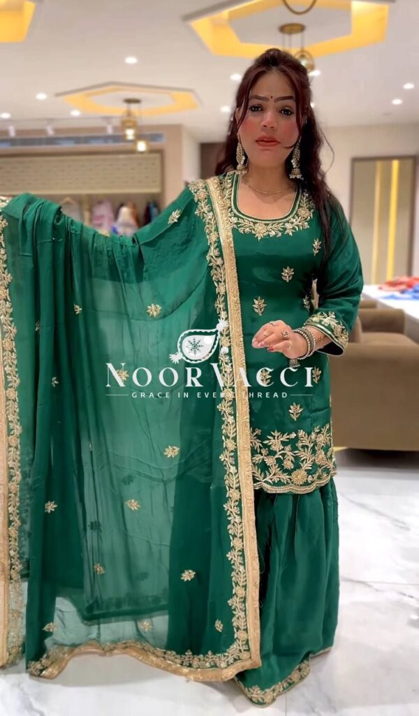 Buy Natural Crepe Embroidered Top with Sharara Palazzo & Dupatta Set - Image 2