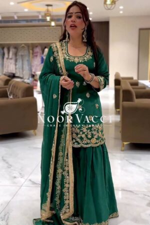 Buy Natural Crepe Embroidered Top with Sharara Palazzo & Dupatta Set