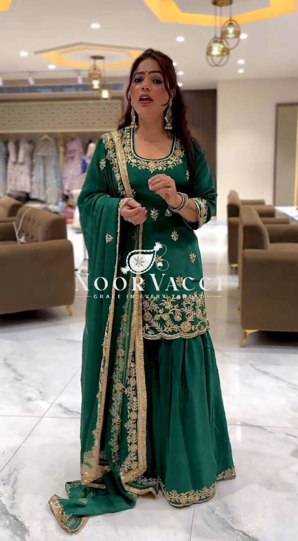 Buy Natural Crepe Embroidered Top with Sharara Palazzo & Dupatta Set