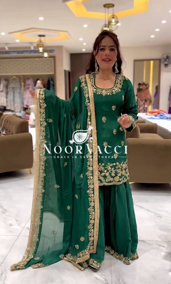Buy Natural Crepe Embroidered Top with Sharara Palazzo & Dupatta Set - Image 3