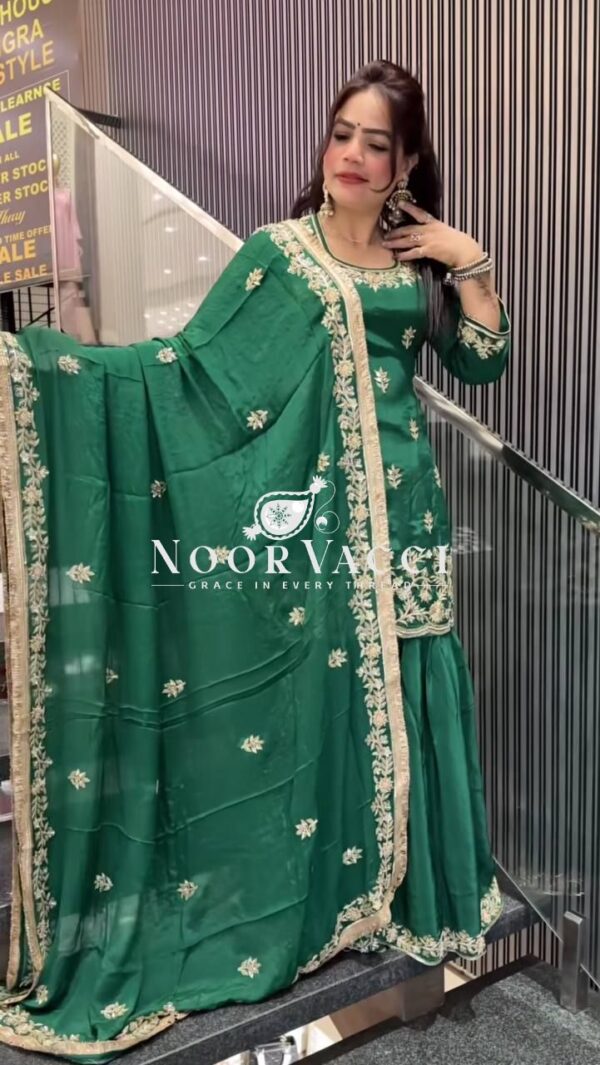 Buy Natural Crepe Embroidered Top with Sharara Palazzo & Dupatta Set - Image 5