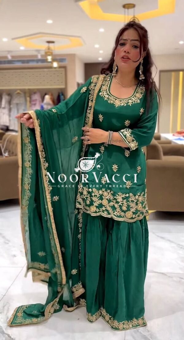 Buy Natural Crepe Embroidered Top with Sharara Palazzo & Dupatta Set - Image 4