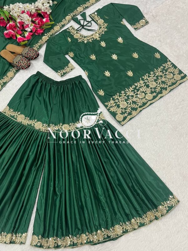 Buy Natural Crepe Embroidered Top with Sharara Palazzo & Dupatta Set - Image 9