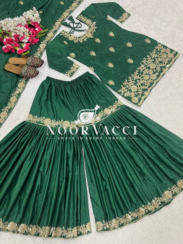 Buy Natural Crepe Embroidered Top with Sharara Palazzo & Dupatta Set - Image 10