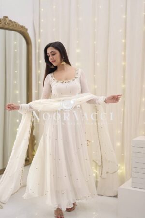 Buy Faux Georgette Embroidered Gown-Plazzo Set with Dupatta