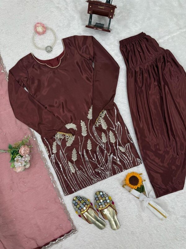 Shop Faux Georgette Farshi Suit Set with Organza Silk Dupatta & Rivet Moti Work - Image 6