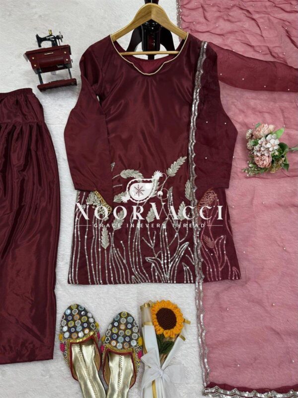 Shop Faux Georgette Farshi Suit Set with Organza Silk Dupatta & Rivet Moti Work - Image 4
